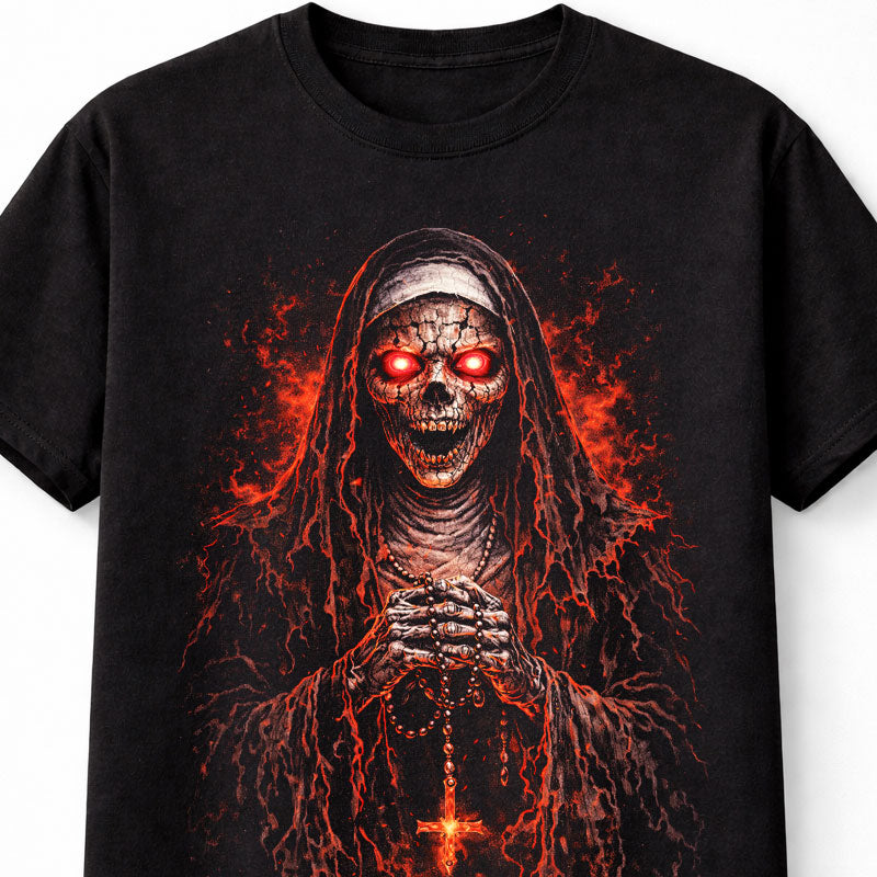 Demonic Nun Skull Horror Halloween Graphic Black Unisex T-Shirt