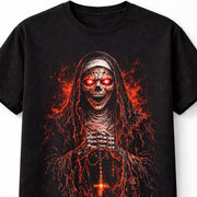 Demonic Nun Skull Horror Halloween Graphic Black Unisex T-Shirt