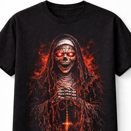 Demonic Nun Skull Horror Halloween Graphic Black Unisex T-Shirt