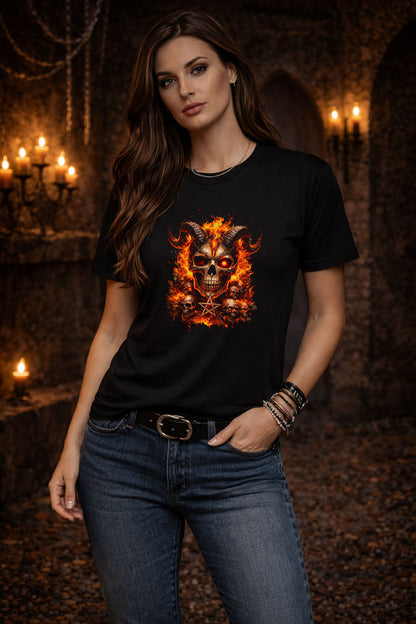 Infernal Demon Skull Skeleton Unisex Graphic T-Shirt Fire Pentagram Dark Art Tee