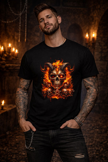 Infernal Demon Skull Skeleton Unisex Graphic T-Shirt Fire Pentagram Dark Art Tee