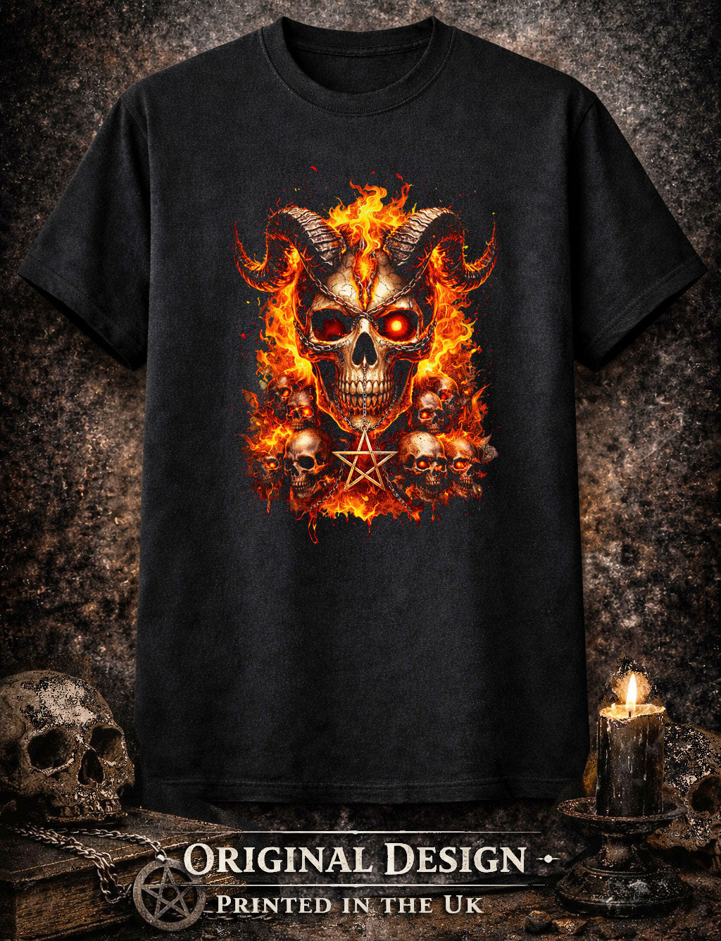 Infernal Demon Skull Skeleton Unisex Graphic T-Shirt Fire Pentagram Dark Art Tee