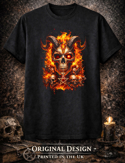 Infernal Demon Skull Skeleton Unisex Graphic T-Shirt Fire Pentagram Dark Art Tee