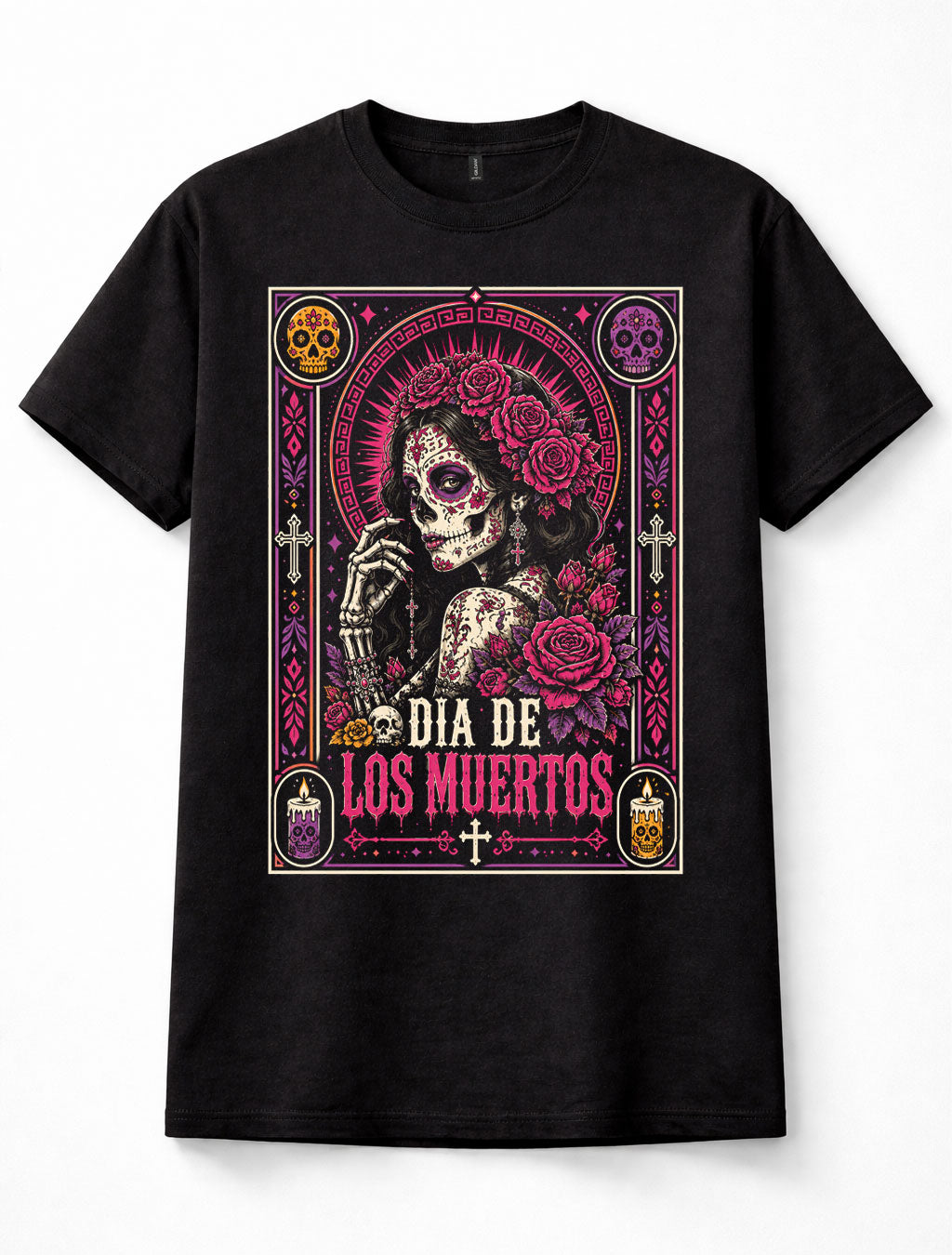 Dia De Los Muertos Sugar Skull Woman Roses Mexican Festival Gothic Unisex T-Shirt