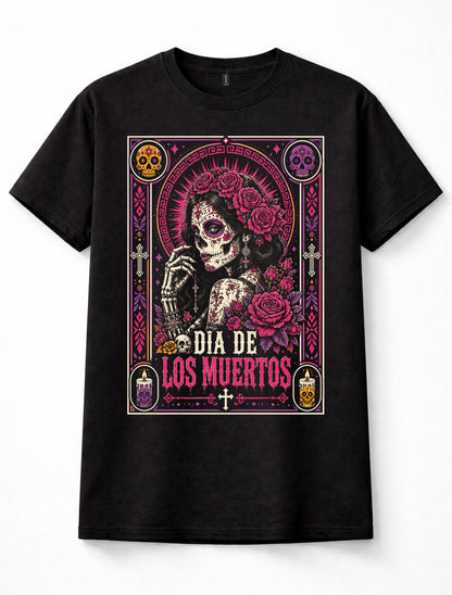 Dia De Los Muertos Sugar Skull Woman Roses Mexican Festival Gothic Unisex T-Shirt