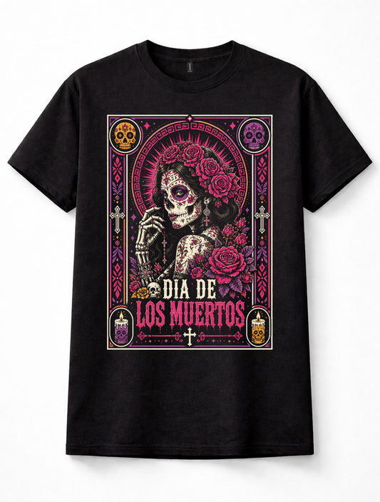 Dia De Los Muertos Sugar Skull Woman Roses Mexican Festival Gothic Unisex T-Shirt