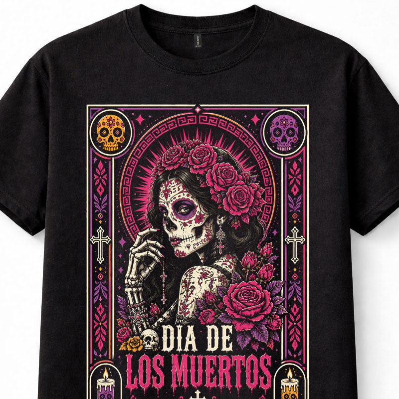 Dia De Los Muertos Sugar Skull Woman Roses Mexican Festival Gothic Unisex T-Shirt