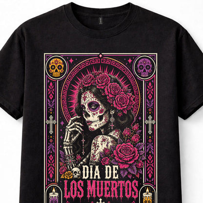 Dia De Los Muertos Sugar Skull Woman Roses Mexican Festival Gothic Unisex T-Shirt
