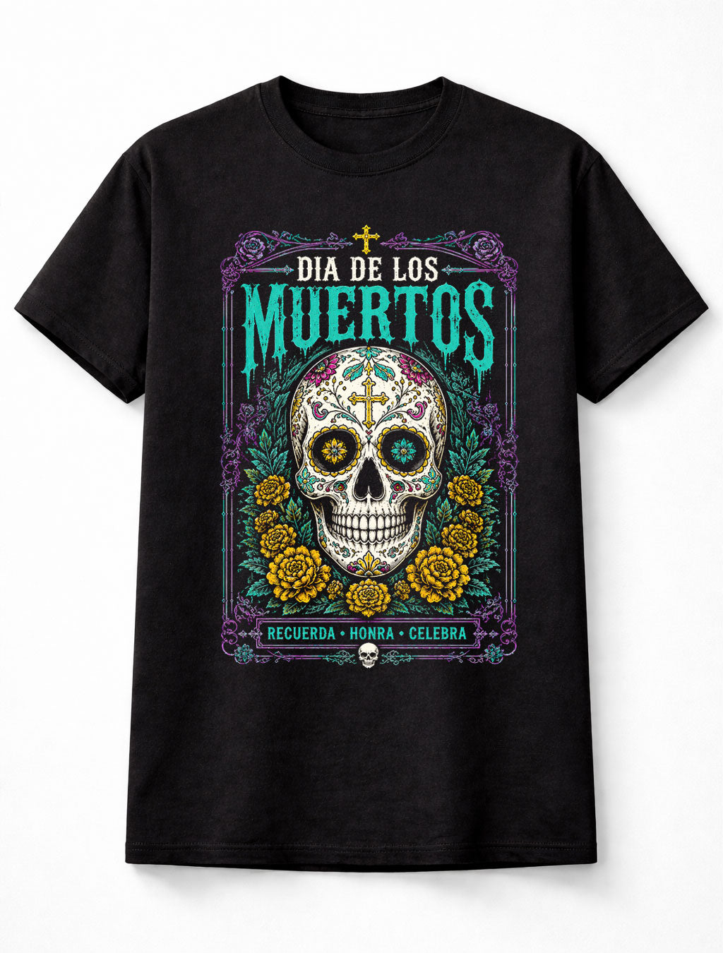 Dia de los Muertos Sugar Skull Floral Calavera Art Unisex T-Shirt