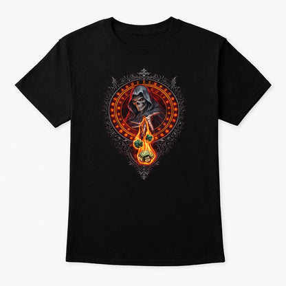 Grim Reaper Flaming Dice RPG Emblem Unisex T-Shirt Fantasy Gamer Tee