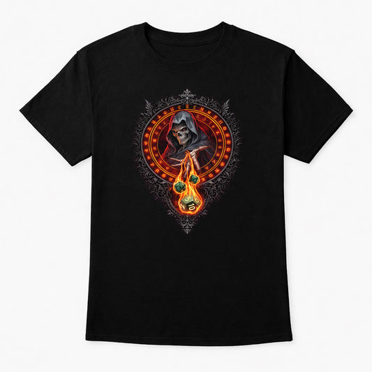 Grim Reaper Flaming Dice RPG Emblem Unisex T-Shirt Fantasy Gamer Tee