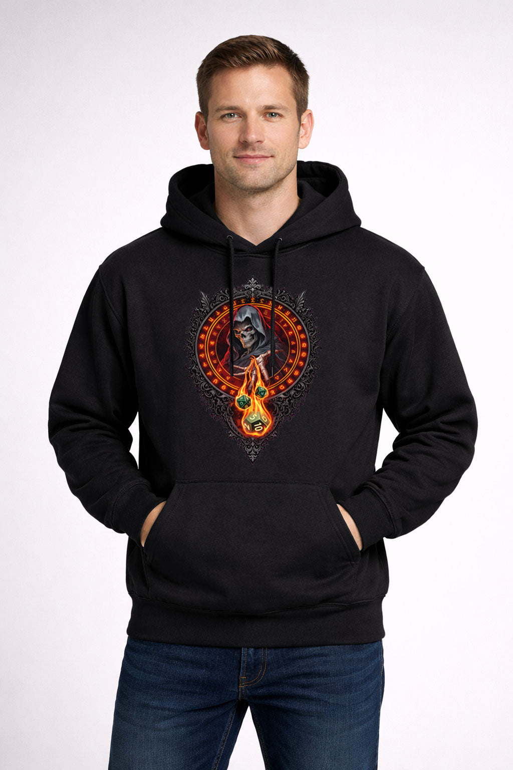 Grim Reaper Flaming Dice RPG Emblem Unisex T-Shirt Fantasy Gamer Tee