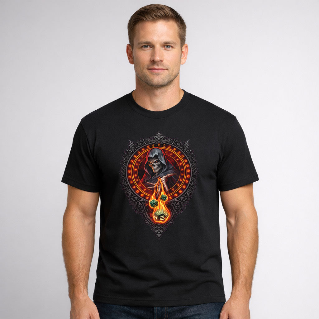 Grim Reaper Flaming Dice RPG Emblem Unisex T-Shirt Fantasy Gamer Tee