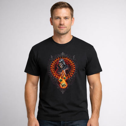Grim Reaper Flaming Dice RPG Emblem Unisex T-Shirt Fantasy Gamer Tee