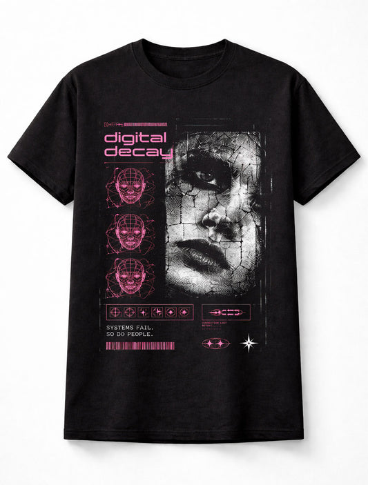 Digital Decay Cyber Goth Y2K Glitch Graphic Black Unisex T-Shirt