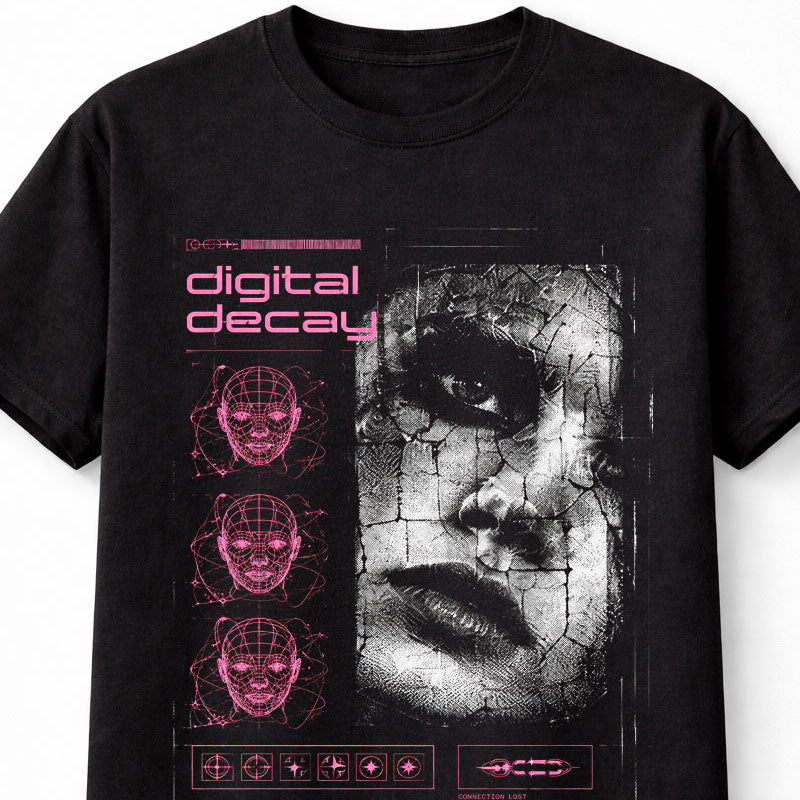 Digital Decay Cyber Goth Y2K Glitch Graphic Black Unisex T-Shirt