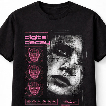 Digital Decay Cyber Goth Y2K Glitch Graphic Black Unisex T-Shirt