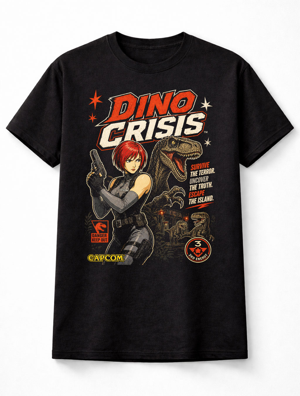 Dino Crisis T-Shirt Regina Capcom Survival Horror Game Graphic Tee Retro PlayStation Classic Dinosaur Action Video Game Adults & Kids Unisex T-Shirt