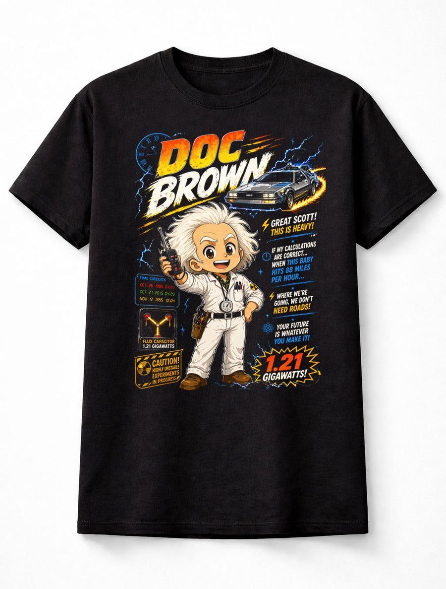 Doc Brown Back to the Future DeLorean Time Machine Graphic Tee Sci-Fi Movie Shirt Unisex Adults & Kids T-Shirt