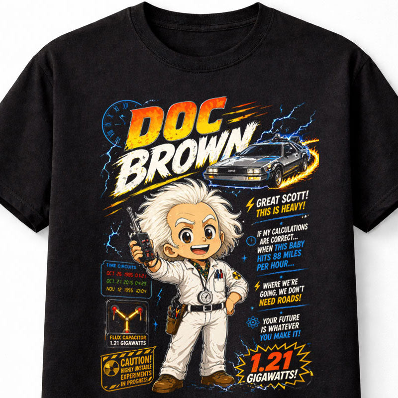 Doc Brown Back to the Future DeLorean Time Machine Graphic Tee Sci-Fi Movie Shirt Unisex Adults & Kids T-Shirt