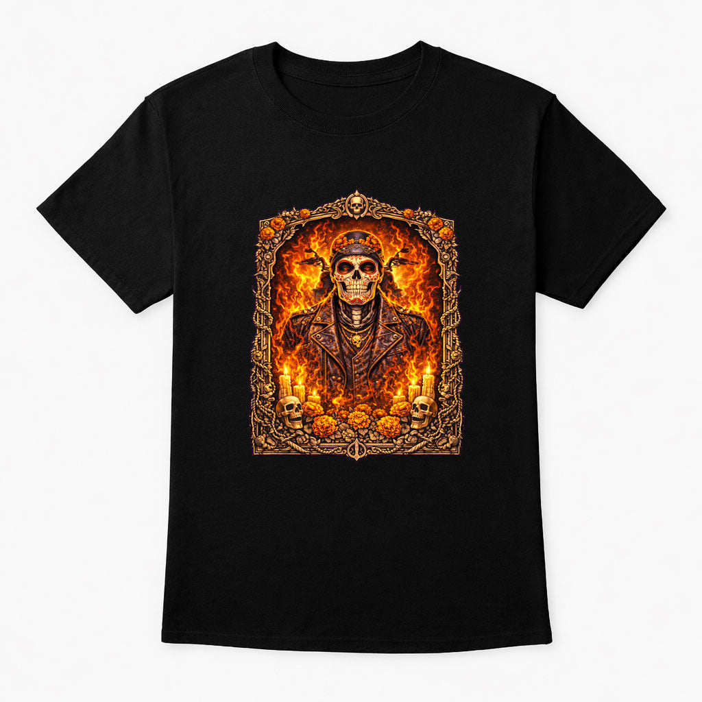 Fiery Skull Biker Day of the Dead Flames T-Shirt Gothic Unisex Retro Tee