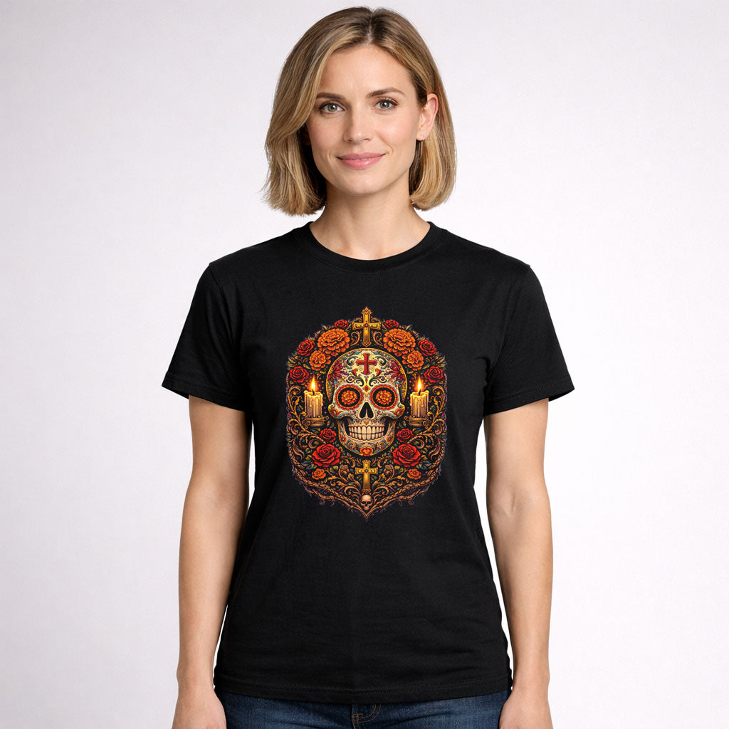 Day of the Dead Sugar Skull Roses Candle T-Shirt Unisex Gothic Dia de los Muerto
