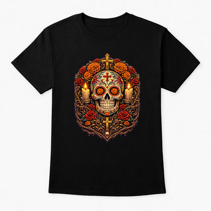 Day of the Dead Sugar Skull Roses Candle T-Shirt Unisex Gothic Dia de los Muerto