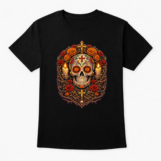 Day of the Dead Sugar Skull Roses Candle T-Shirt Unisex Gothic Dia de los Muerto