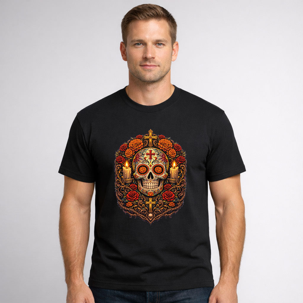 Day of the Dead Sugar Skull Roses Candle T-Shirt Unisex Gothic Dia de los Muerto