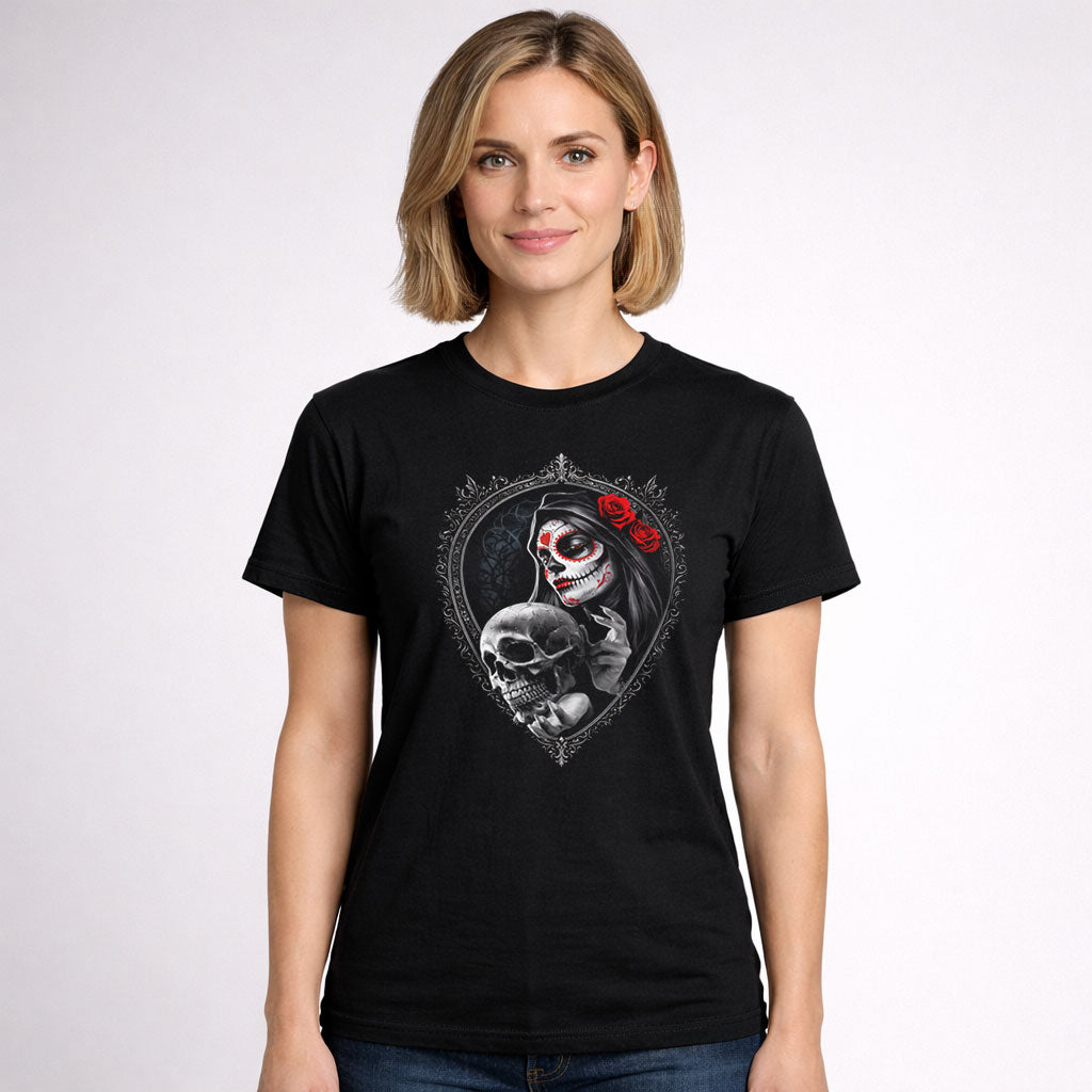 Crimson Rose Calavera Unisex T Shirt Gothic Day of the Dead Art Tee