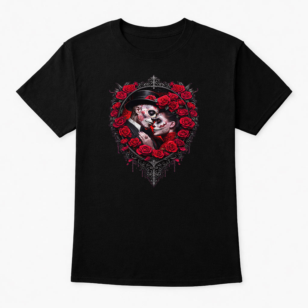 Share Eternal Lovers Roses Unisex T Shirt Gothic Skeleton Romance Art Tee