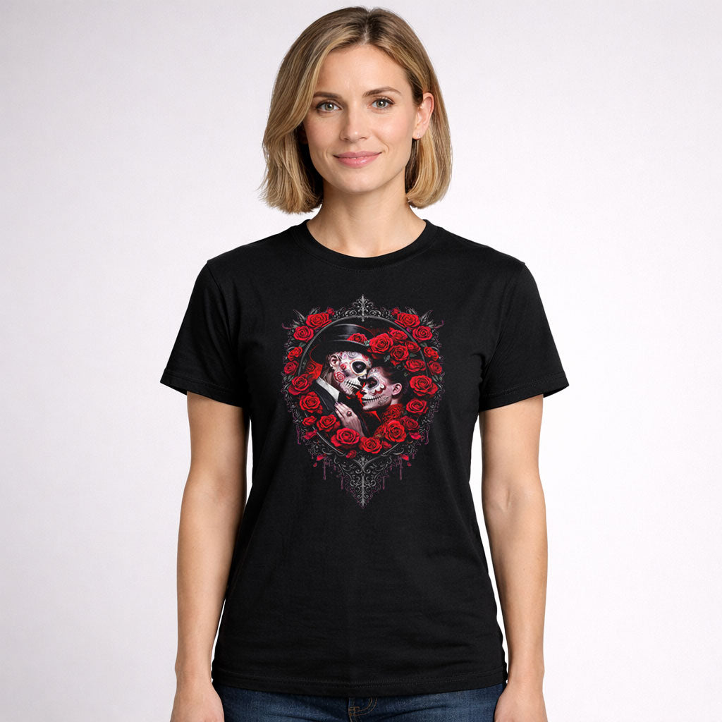 Share Eternal Lovers Roses Unisex T Shirt Gothic Skeleton Romance Art Tee