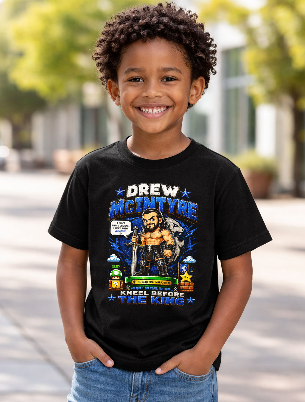 Drew McIntyre Scottish Warrior Wrestling T-Shirt – Kneel Before The King Mario Nintendo Pixel Fan Tee Adults & Kids Unisex T-Shirt