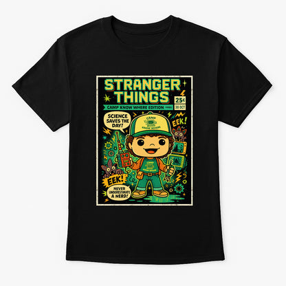 Stranger Things Dustin Henderson Camp Know Where Science Saves the Day Retro Comic Cover Unisex T-Shirt