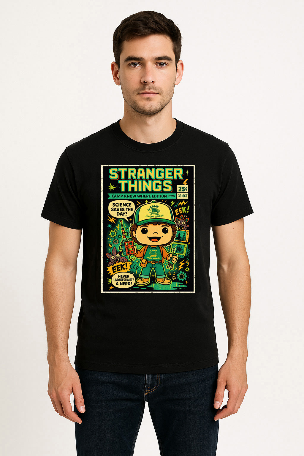 Stranger Things Dustin Henderson Camp Know Where Science Saves the Day Retro Comic Cover Unisex T-Shirt