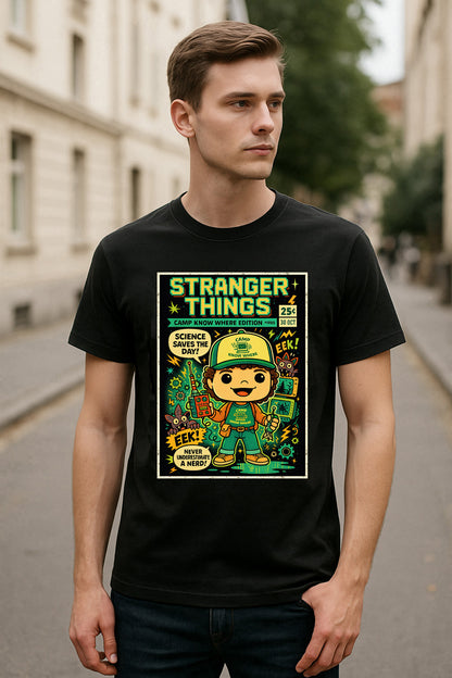 Stranger Things Dustin Henderson Camp Know Where Science Saves the Day Retro Comic Cover Unisex T-Shirt