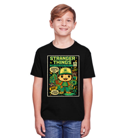 Stranger Things Dustin Henderson Camp Know Where Science Saves the Day Retro Comic Cover Unisex T-Shirt