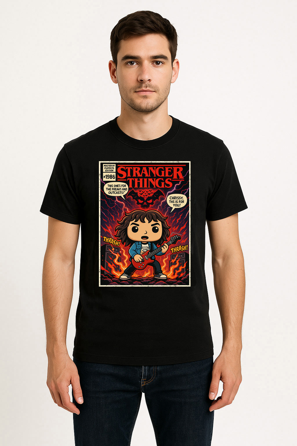Stranger Things Eddie Munson Master of Puppets Hellfire Club Retro Comic Cover Unisex T-Shirt
