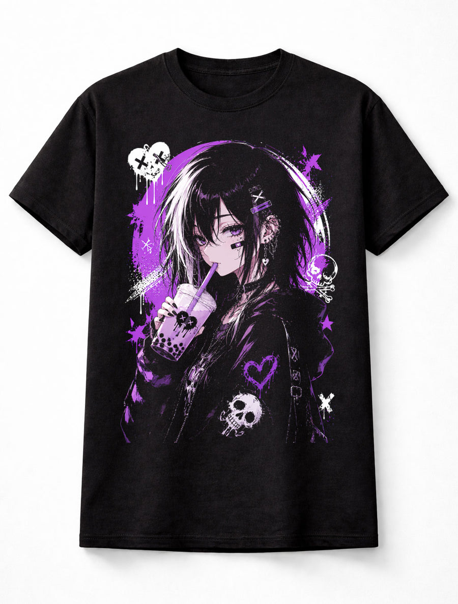 Emo Anime Girl Bubble Tea Gothic Kawaii Skull Graphic Unisex T-Shirt
