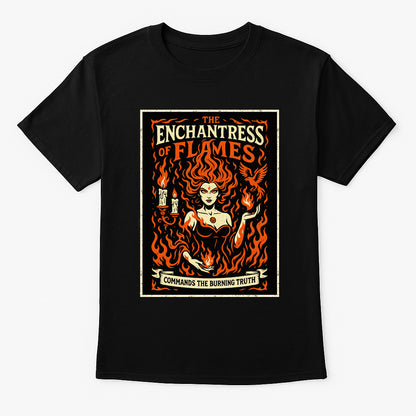 Enchantress of Flames unisex t-shirt featuring fiery sorceress surrounded by flames and candles, gothic orange design printed on black cotton tee