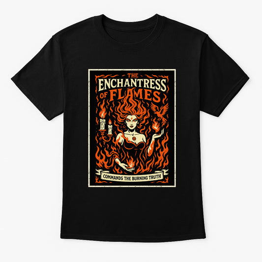Enchantress of Flames unisex t-shirt featuring fiery sorceress surrounded by flames and candles, gothic orange design printed on black cotton tee