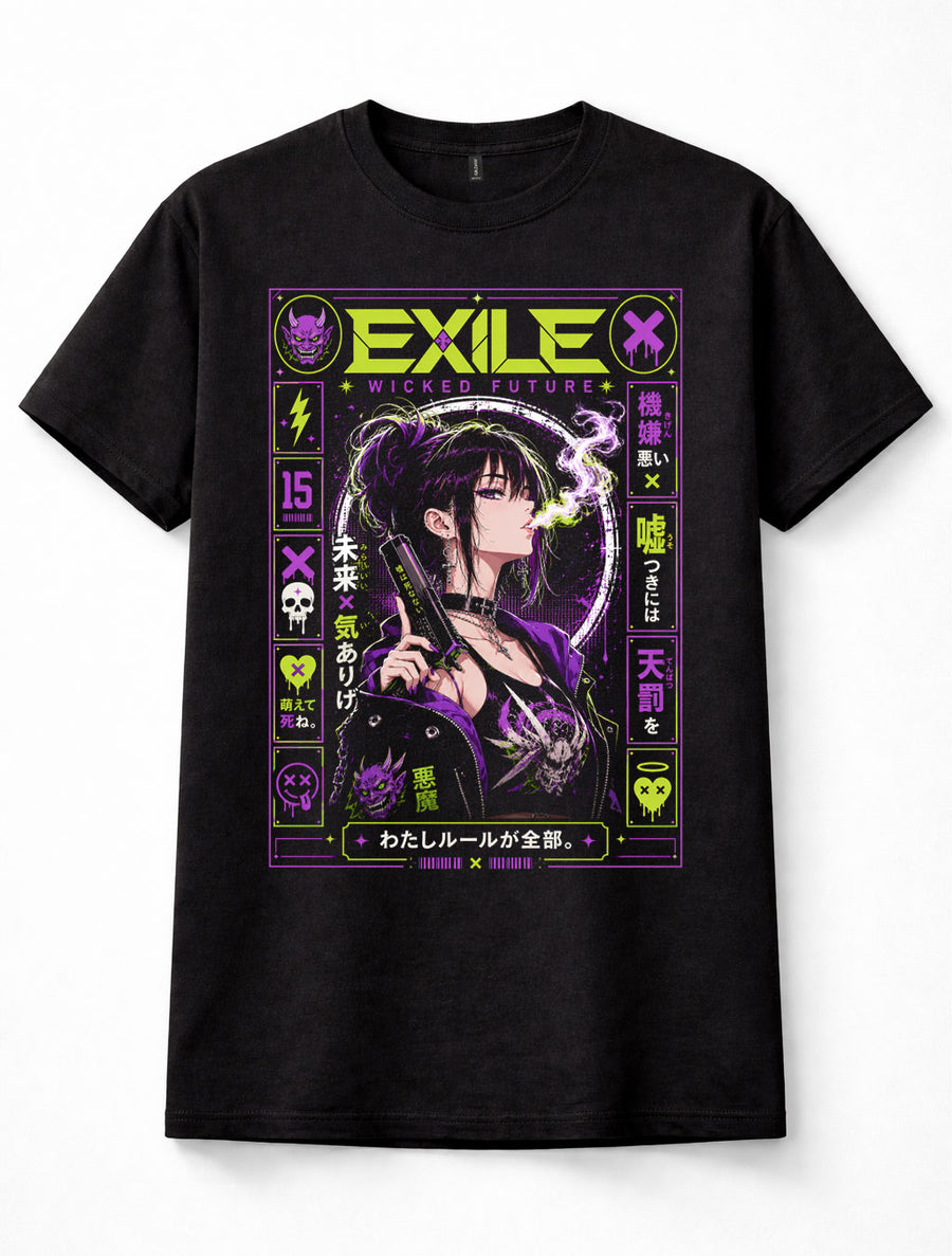 Exile Wicked Future Anime Girl Japanese Oni Cyberpunk Graphic Black Unisex T-Shirt