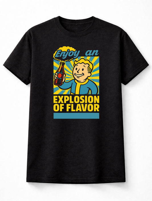Fallout Vault Boy Explosion of Flavor T-Shirt Retro Gaming Parody Unisex Black Graphic Tee