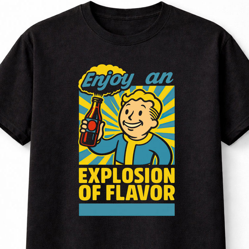 Fallout Vault Boy Explosion of Flavor T-Shirt Retro Gaming Parody Unisex Black Graphic Tee