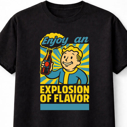 Fallout Vault Boy Explosion of Flavor T-Shirt Retro Gaming Parody Unisex Black Graphic Tee