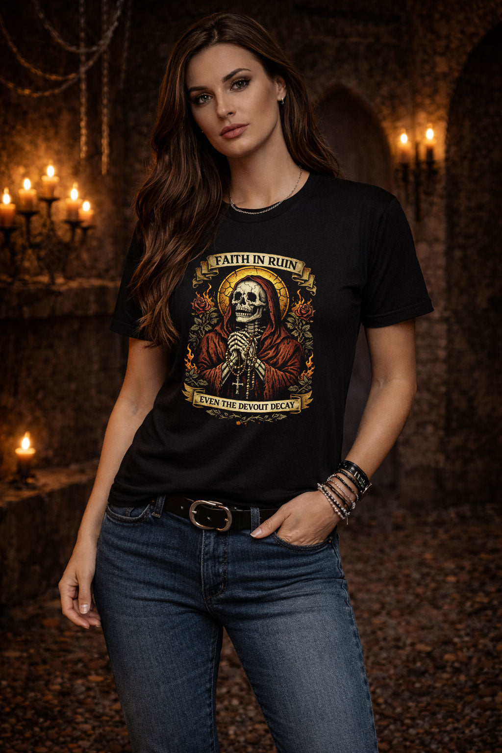 Share Praying Skeleton T-Shirt Gothic Faith Memento Mori Unisex Black Graphic Tee