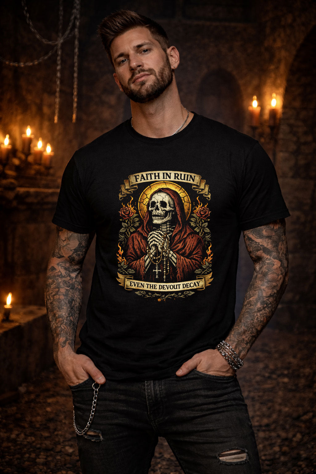 Share Praying Skeleton T-Shirt Gothic Faith Memento Mori Unisex Black Graphic Tee