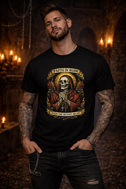 Share Praying Skeleton T-Shirt Gothic Faith Memento Mori Unisex Black Graphic Tee