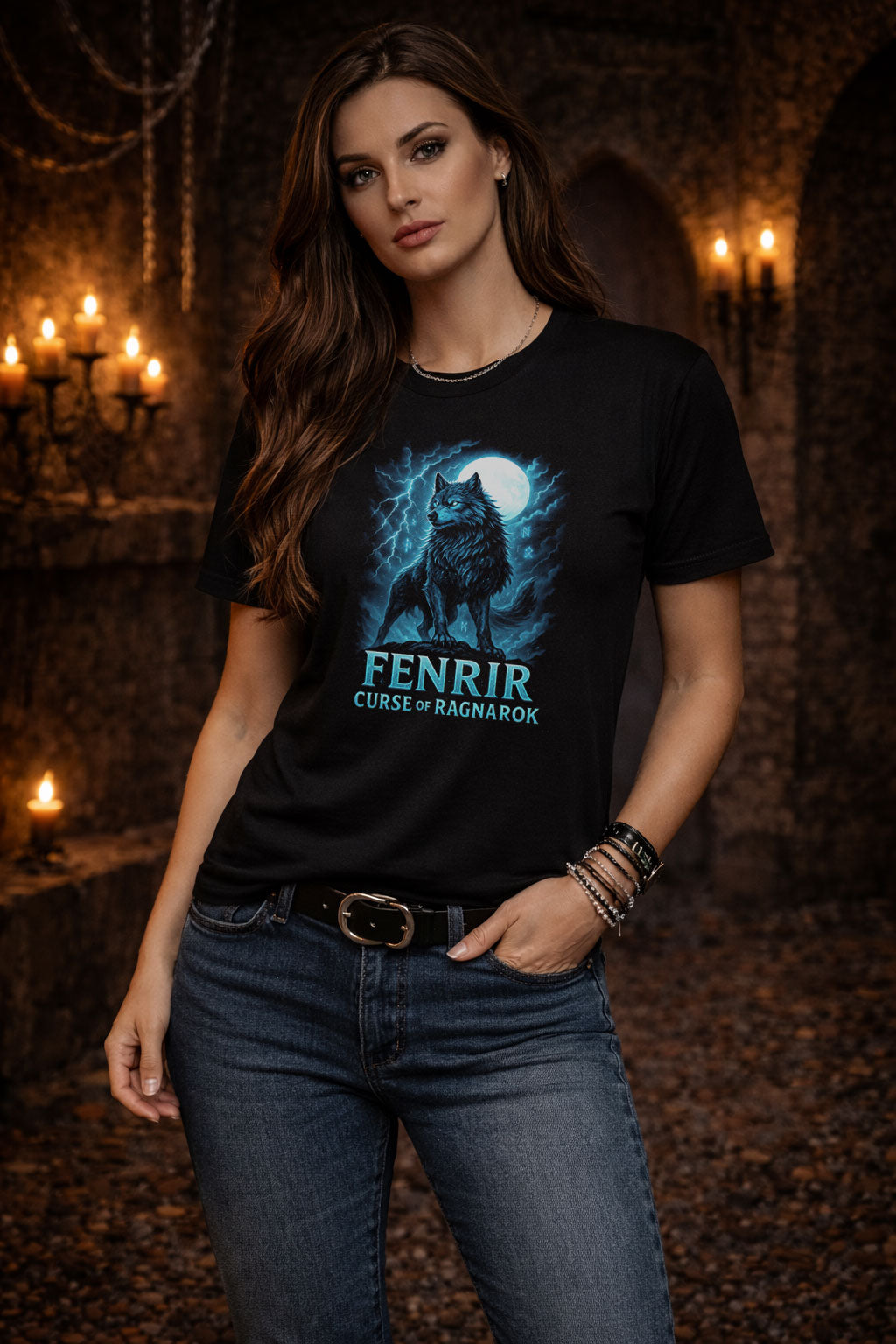 Fenrir Norse Wolf T Shirt Ragnarok Mythology Viking Moon Dark Fantasy Tee