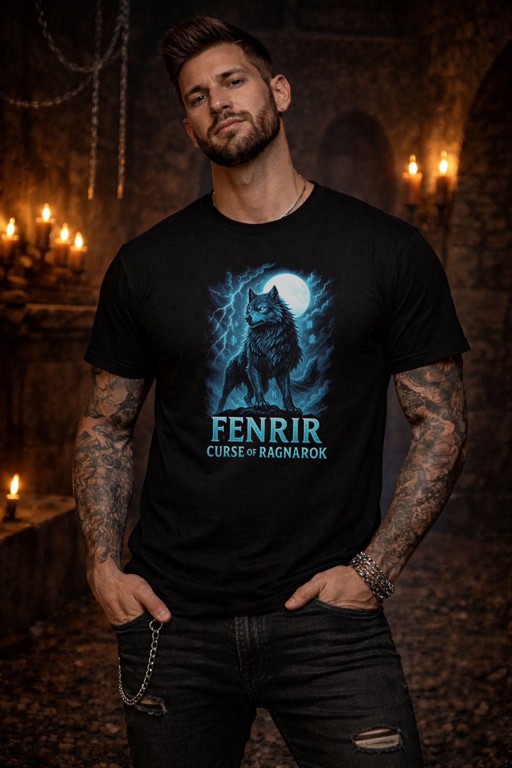 Fenrir Norse Wolf T Shirt Ragnarok Mythology Viking Moon Dark Fantasy Tee